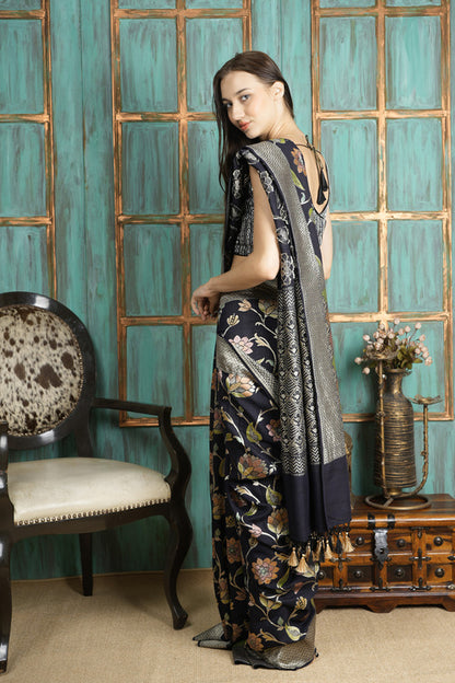 Tussar Silk Saree – Black with Floral Bota