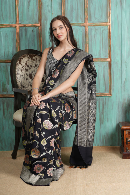 Tussar Silk Saree – Black with Floral Bota