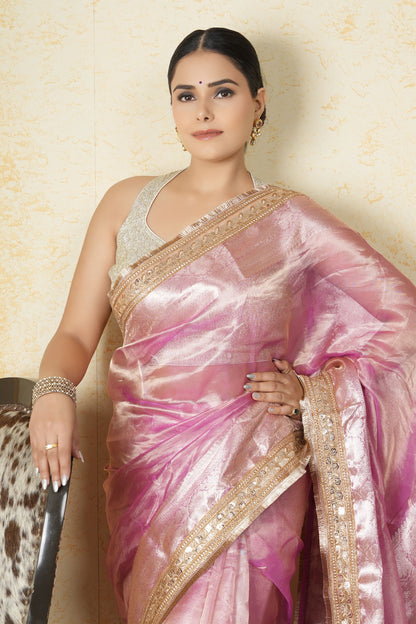 Tissue Saree - Pink with Golden Border