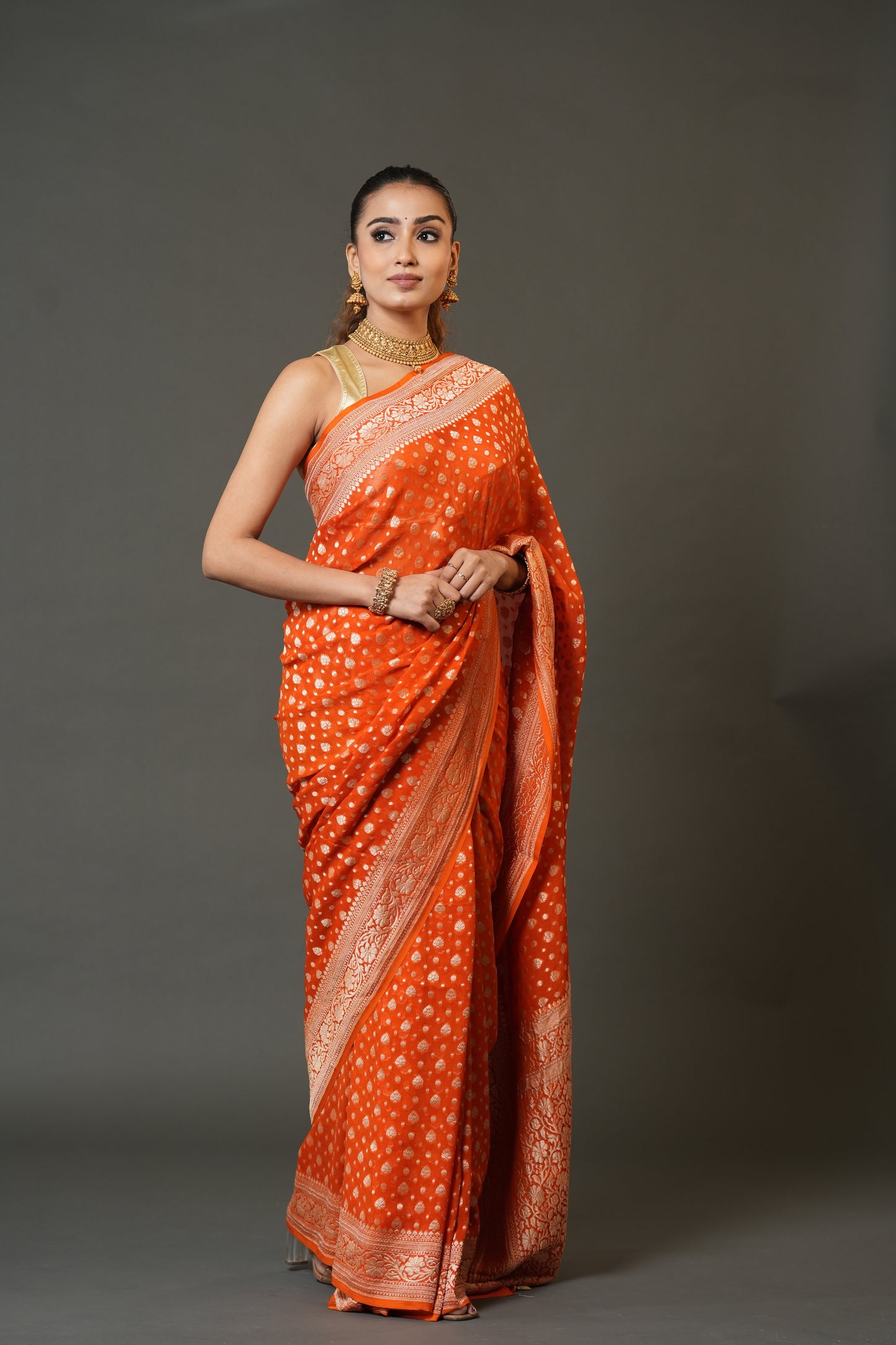 Khaddi Georgette Saree – Rust Orange